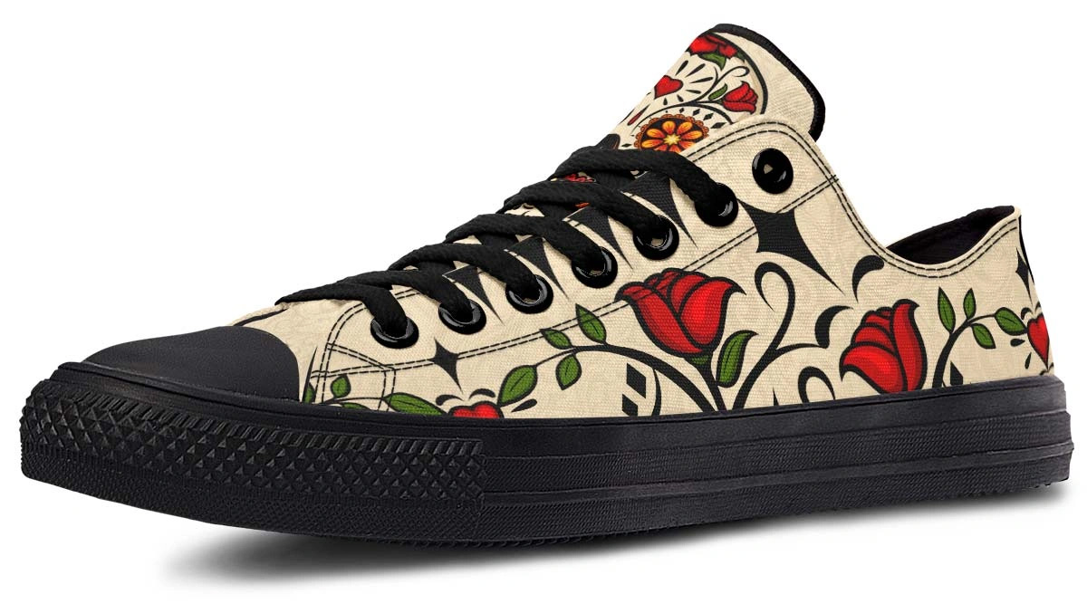 Day Of Dead Rose Pattern Black Lowtop Sneaker