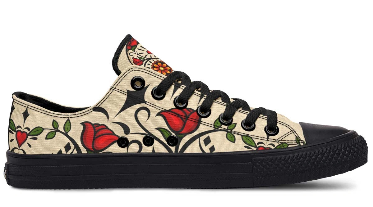 Day Of Dead Rose Pattern Black Lowtop Sneaker - Image 2