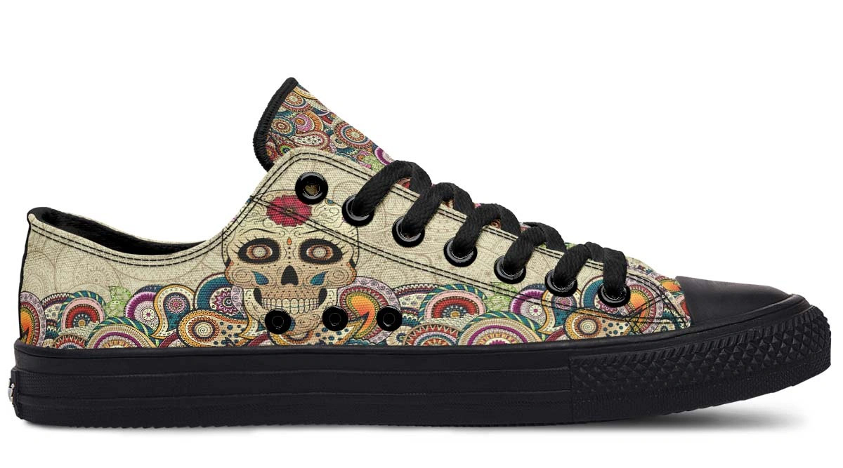Day Of Dead Skull Pattern Black Lowtop Sneaker - Image 2