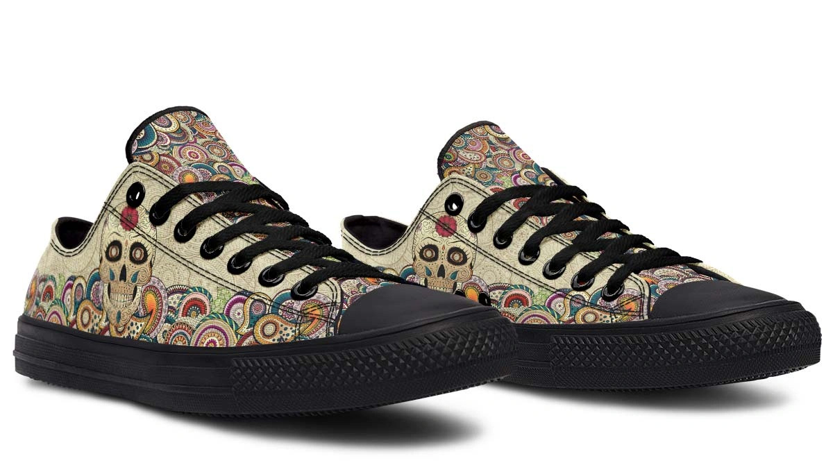 Day Of Dead Skull Pattern Black Lowtop Sneaker - Image 3